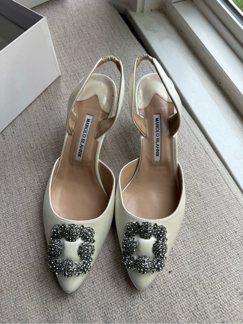 Manolo Blahnik Women's Ivory Slingback Pumps with Crystal Buckle